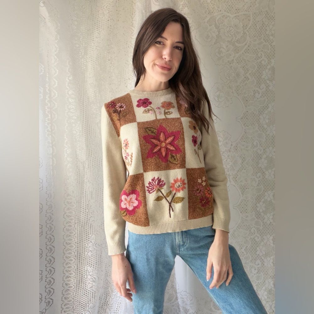 Vintage 90s Floral Patchwork Sweater Alfred Dunner Silk Blend